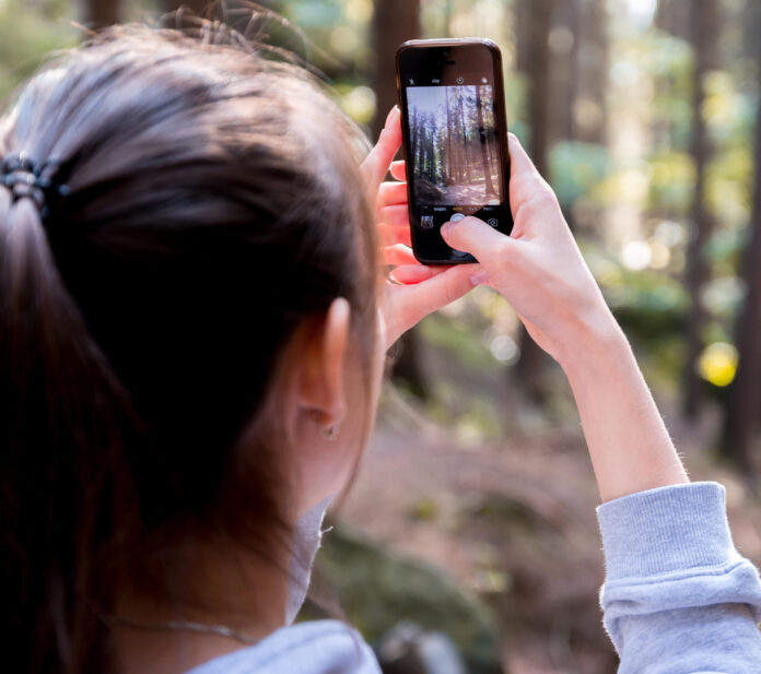Woman Using Her Smartphone While Taking the Picture the Forest