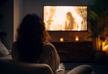 The Dual-Screen Threshold Is Breached Young woman sitting on sofa in front of television and watching movie.