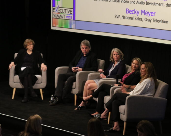 Pictured (l-r): Hadassa Gerber, EVP, Chief Research Officer, TVB Guests: Pete Doe, Chief Data Officer, Nielsen Carol Hinnant, Chief Revenue Officer, Comscore Jennifer Hungerbuhler, EVP, Head of Local Video and Audio Investment, dentsu Media US Becky Meyer, SVP, National Sales, Gray Television