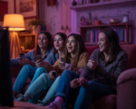Hub: Ad Tolerance Rising For Gen Z TV Viewers A stunning and vibrant cinematic photo of Gen Z watching television, photography, photorealistic, film grain