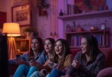Hub: Ad Tolerance Rising For Gen Z TV Viewers A stunning and vibrant cinematic photo of Gen Z watching television, photography, photorealistic, film grain