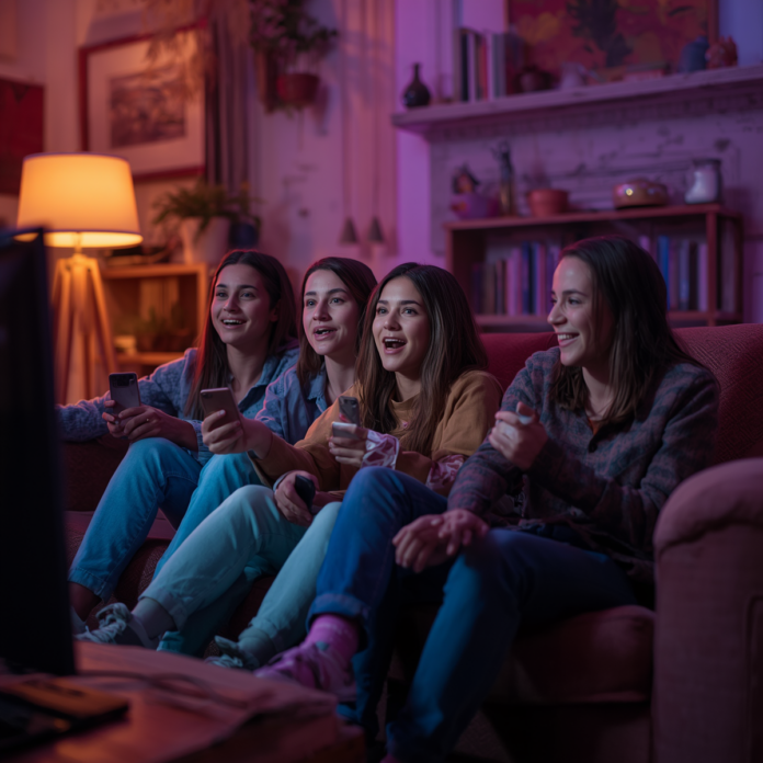 A stunning and vibrant cinematic photo of Gen Z watching television, photography, photorealistic, film grain