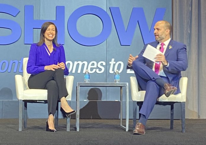 NAB President/CEO Curtis LeGeyt, in conversation with FCC Chairwoman Jessica Rosenworcel, long before the 2018 Quadrennial Order's passage at the 2022 NAB Show in Las Vegas.