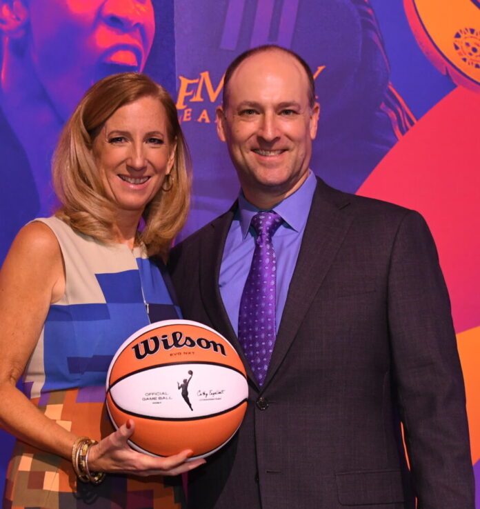 WNBA Commissioner Cathy Engelbert and Adam Symson, President and CEO of The E.W. Scripps Company, at the 2023 WNBA Draft presented by State Farm in New York City on April 10.