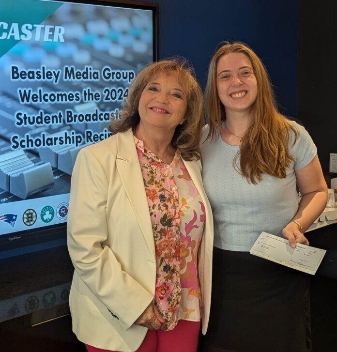 Kelly Broder (right) of East Sandwich, MA, a rising sophomore at Boston University accepts the $5,000 Al Sprague Memorial Scholarship from MBA Immediate Past Chair and Beasley Media VP and Market Manager Mary Menna.