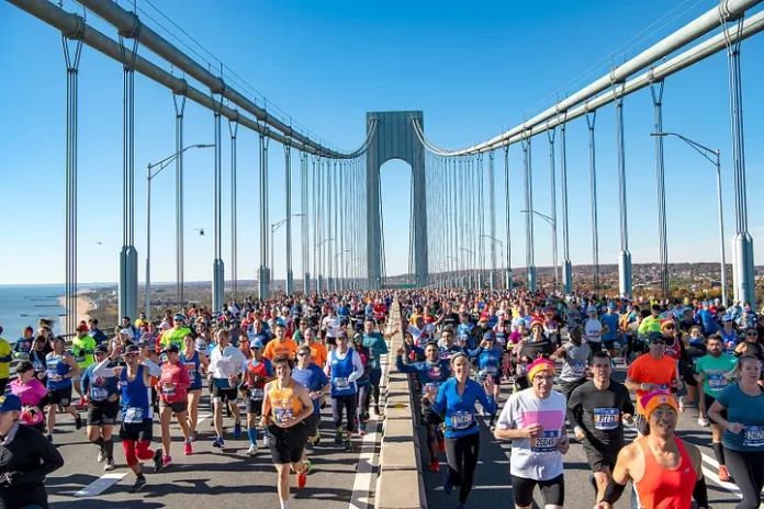 New York City Marathon participants in November 2023 crossing the Verrazano-Narrows Bridge eastbound toward Brooklyn. [Photo: NYRR]