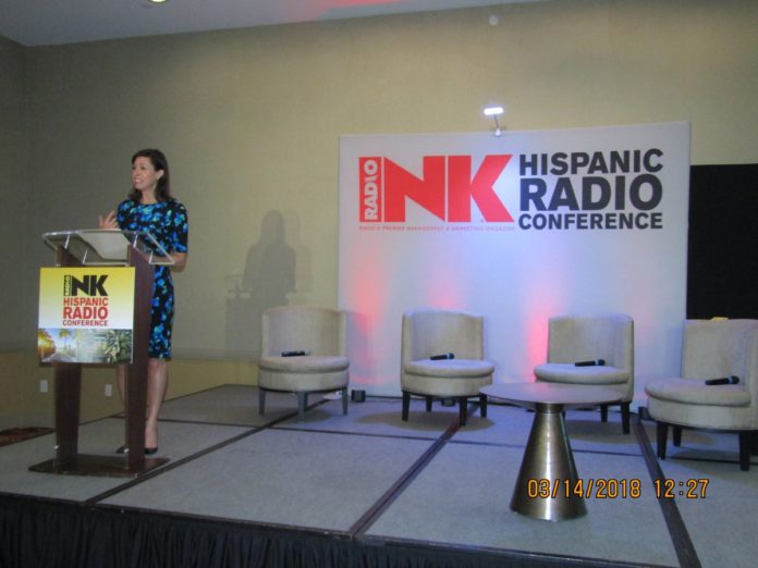 FCC Commissioner Jessica Rosenworcel, speaking at the 2018 Hispanic Radio Conference (Photo: Radio Ink)