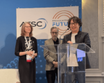 Samsung Exec Gets ATSC’s Top Tech Honor From left: ATSC President Madeleine Noland, President Emeritus Mark Richer, and Dr. Youngkwon Lim of Samsung Electronics